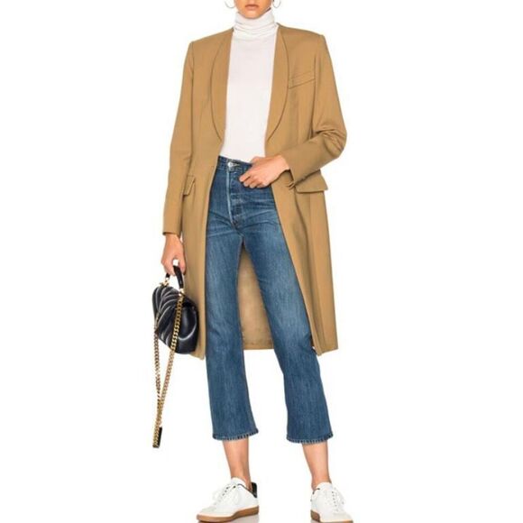 Smythe Skinny Lapel Wool Coat Mid Length Button Closure Size 6 Camel - Picture 1 of 11